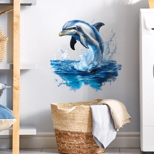 Lively dolphin wall decal with water splash effect for bathroom or home wall decor