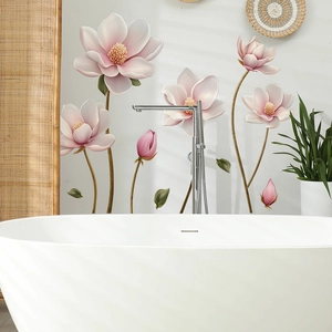Detailed view of pink magnolia flower wall stickers in a modern minimalist bathroom