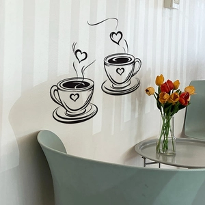 Minimalist black coffee cup wall decal with heart steam design for cafe decoration