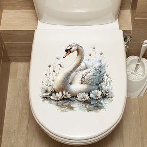 Self-adhesive toilet lid sticker featuring an elegant white swan and flower design