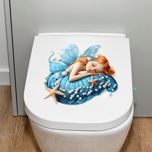 Cartoon girl sleeping on blue shell toilet lid sticker for bathroom decoration
