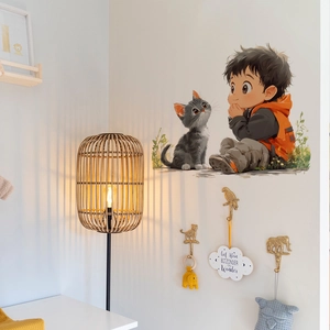 Cute cartoon boy and cat wall stickers for children bedroom nursery home decoration