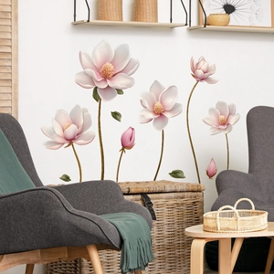 Detailed pink magnolia flower wall stickers with green leaves for home wall decor