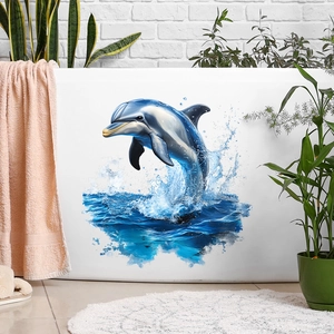 Realistic dolphin jumping from blue waves wall decal on a white modern bathtub
