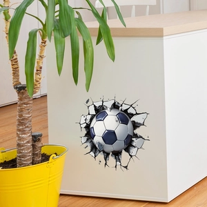 3D football breaking through a white wall sticker for bedroom and living room decor