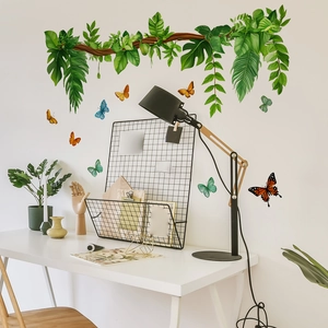 Tropical green leaves and colorful butterflies wall decals for living room decoration