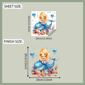 Détail montrant les dimensions de la planche et le rendu final du sticker baleine coloré