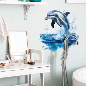 Realistic jumping dolphin wall sticker with water splash for bathroom decoration
