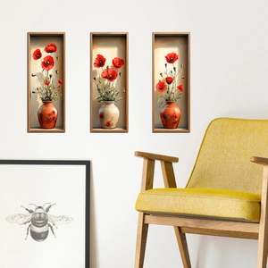 Modern 3D red poppy flower wall stickers in vases for minimalist home wall decor