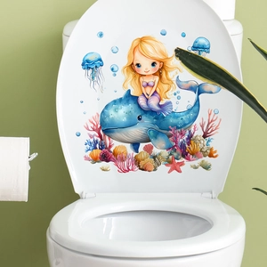Autocollant de toilette en PVC imperméable avec sirène et baleine pour décor