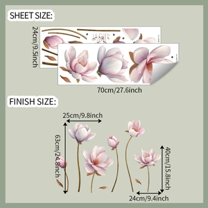 Detailed sheet and finish size dimensions for pink magnolia flower wall stickers