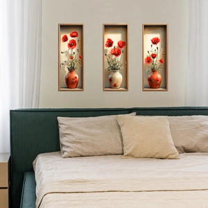 3D realistic poppy flower vase wall stickers with wooden frame effect for home decor