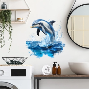 3D ocean world wall sticker with realistic jumping dolphin and splashing blue water