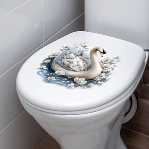 Close-up of elegant swan toilet lid sticker with white floral and blue water accents