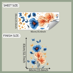 Detailed sheet and finish size guide for poppy flower and butterfly self-adhesive wall stickers
