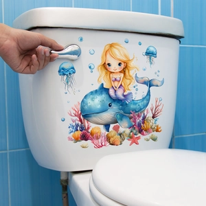 Sticker de toilette baleine et sirène avec décor de corail océanique coloré
