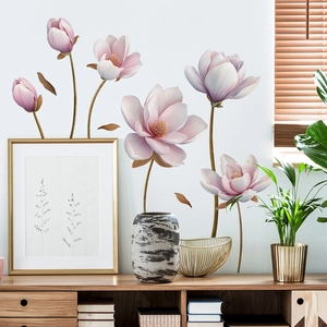 Detailed realistic pink magnolia flower wall sticker for living room home decor