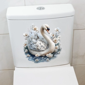 Elegant white swan toilet lid decal with sparkling rhinestone wing and white flowers