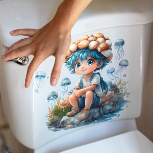 Cartoon boy with jellyfish and coral ocean theme waterproof PVC toilet tank sticker