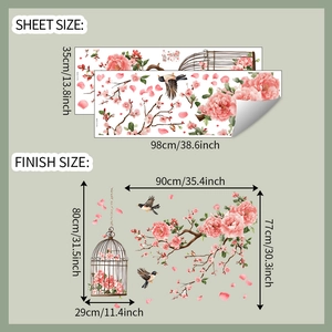 Detail view of pink peony and birdcage wall sticker with layout and finish size specs