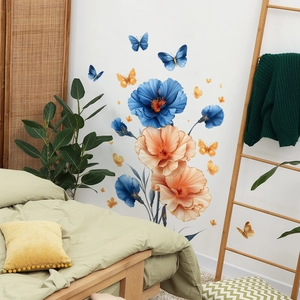 Vibrant poppy flowers and butterfly wall stickers for bedroom home wall decoration