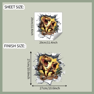 3D dinosaur wall sticker size chart showing 29x29cm sheet and 27x27cm finish dimensions