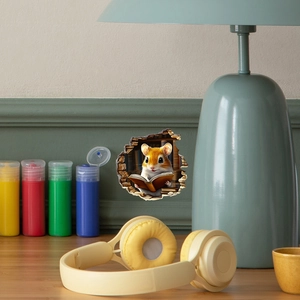 3D cartoon hamster reading book in a hole wall sticker decor for study room scene
