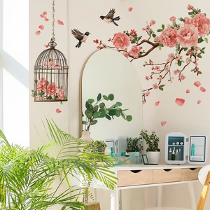 Floral wall decal featuring peach branches, vintage birdcage and swallows for home decor