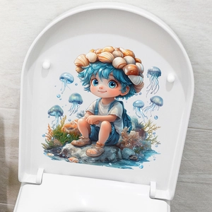 Cartoon boy and jellyfish ocean theme decorative sticker on a white toilet lid