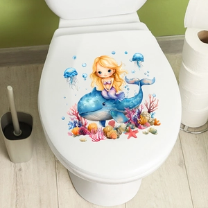 Sticker étanche baleine et sirène pour décoration de toilettes thème océan