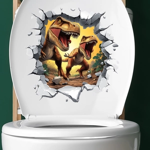 Detailed view of 3D T-Rex wall-breaking sticker on a white toilet lid cover