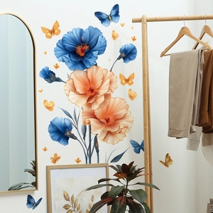 Poppy flowers and butterflies wall decal set for living room and bedroom home decoration