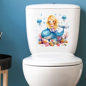 Sticker de Couvercle de Toilette Dessin Animé Sirène Baleine Imperméable PVC Vie Marine Corail Décoration de Salle de Bain