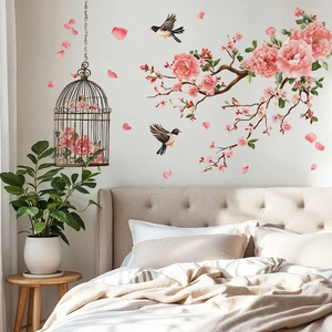 Elegant peach blossom and bird cage wall stickers for bedroom and living room decor