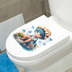 Cartoon boy and jellyfish ocean theme waterproof wall decal on white toilet cover