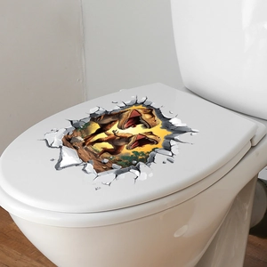 Macro detail of a 3D wall-breaking dinosaur sticker applied on a white toilet lid cover