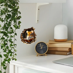 Detailed 3D wall sticker of a cute hamster reading inside a realistic wall hole