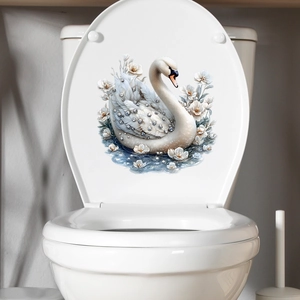 Elegant white swan toilet lid decal with 3D rhinestones and pearl decorative elements