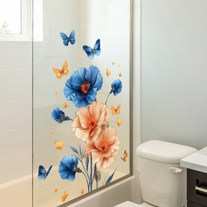 Blue and peach flower wall stickers with butterflies for bathroom glass door decor