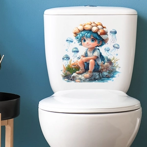 Cartoon boy with jellyfish and coral bathroom toilet sticker for home decoration