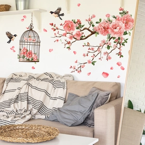 Peach blossom tree branch and birdcage wall stickers for cozy living room decoration