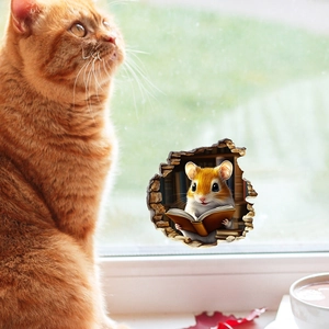 3D wall decal of a cute mouse reading books in a hole, featured with a ginger cat