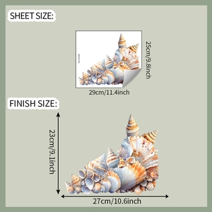 Detail of shell toilet sticker showing layout size 29x25cm and finish size 27x23cm