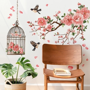 Peach Blossom Birdcage Wall Sticker DIY PVC Floral Branch Bird Decals For Bedroom Living Room Home Background Decorative Art