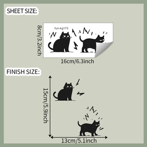 Detail showing dimensions of cute black cat wall stickers for bedroom switch decor