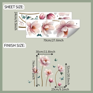Detail view of pink magnolia wall stickers with layout and finished dimensions in cm