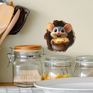 3D cartoon mouse with toast wall sticker detail for creative kitchen wall decoration