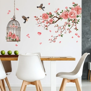 Pink peach blossom wall stickers with vintage birdcage and birds for living room decor