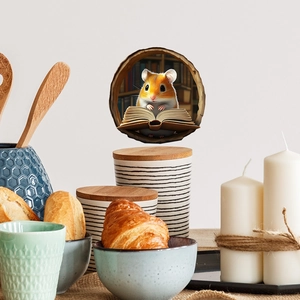 3D cute hamster reading a book wall sticker with creative round broken wall design