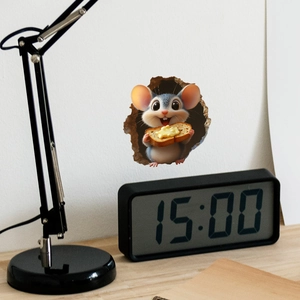 3D cartoon mouse with toast wall sticker detail on a cozy home desk background